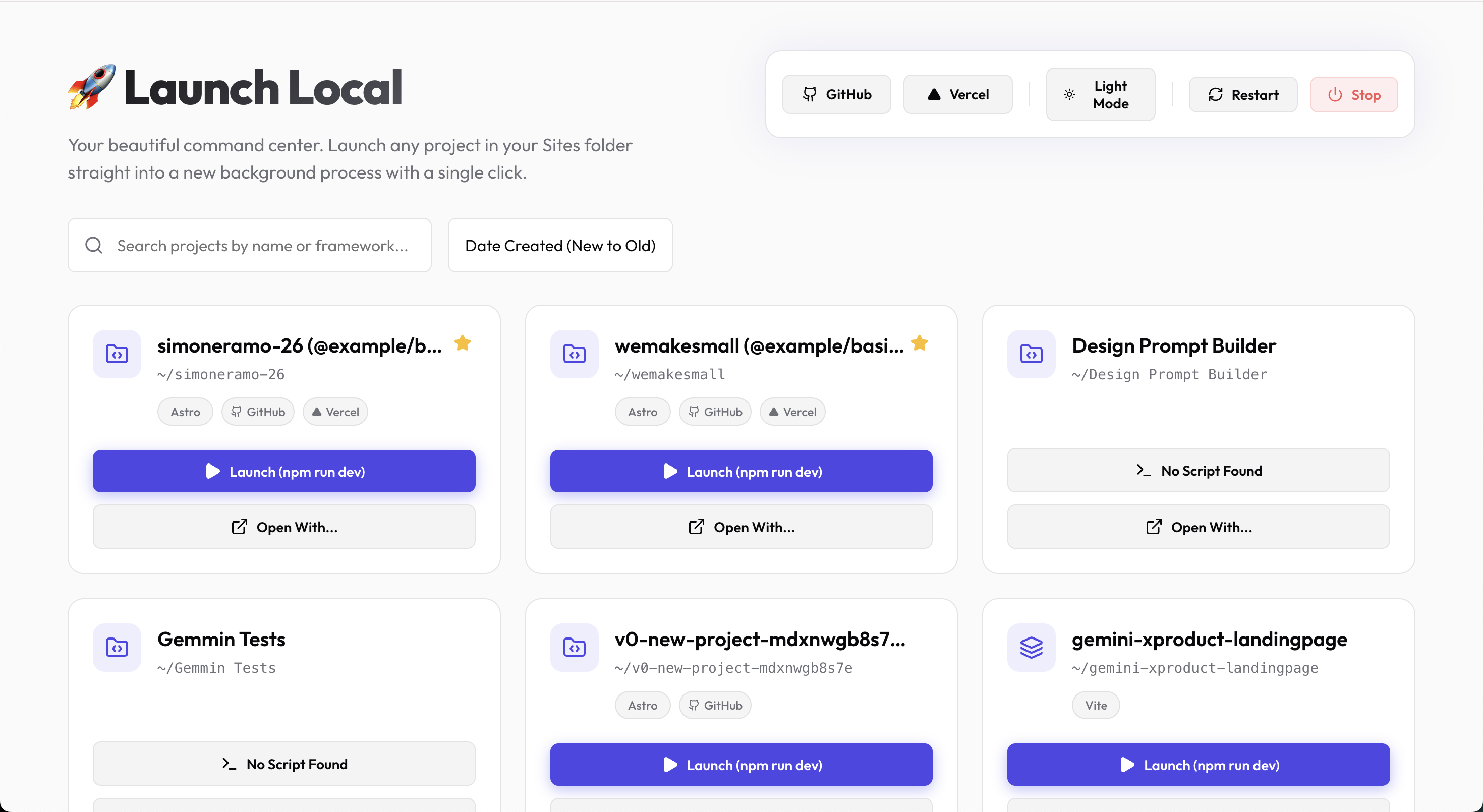 Launch Local Dashboard — default project grid view