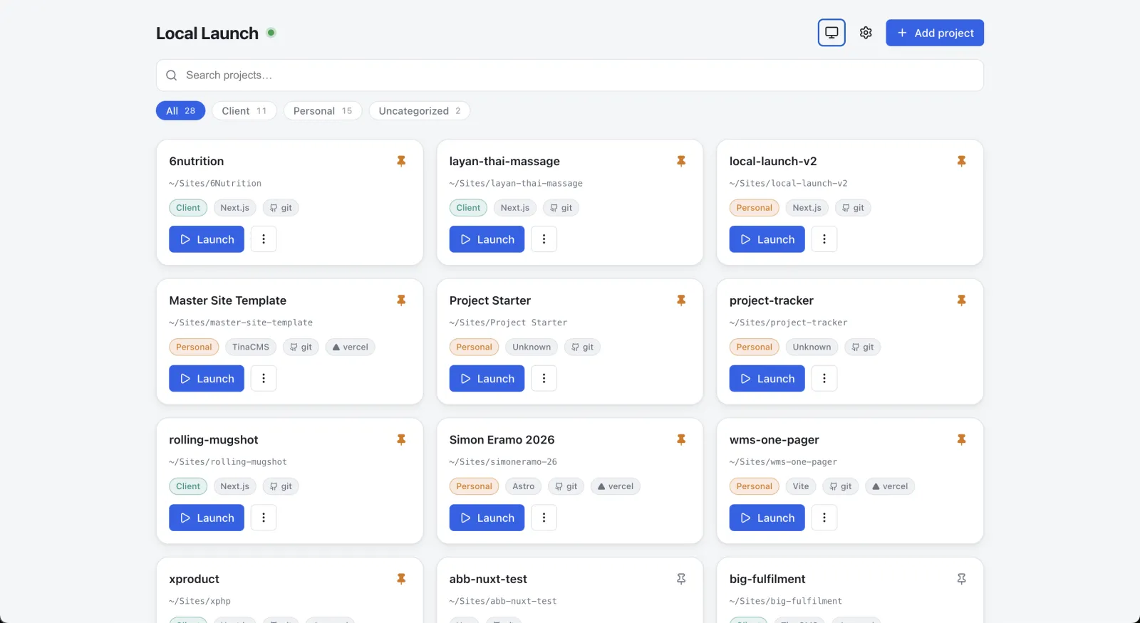 Local Launch — default project grid view