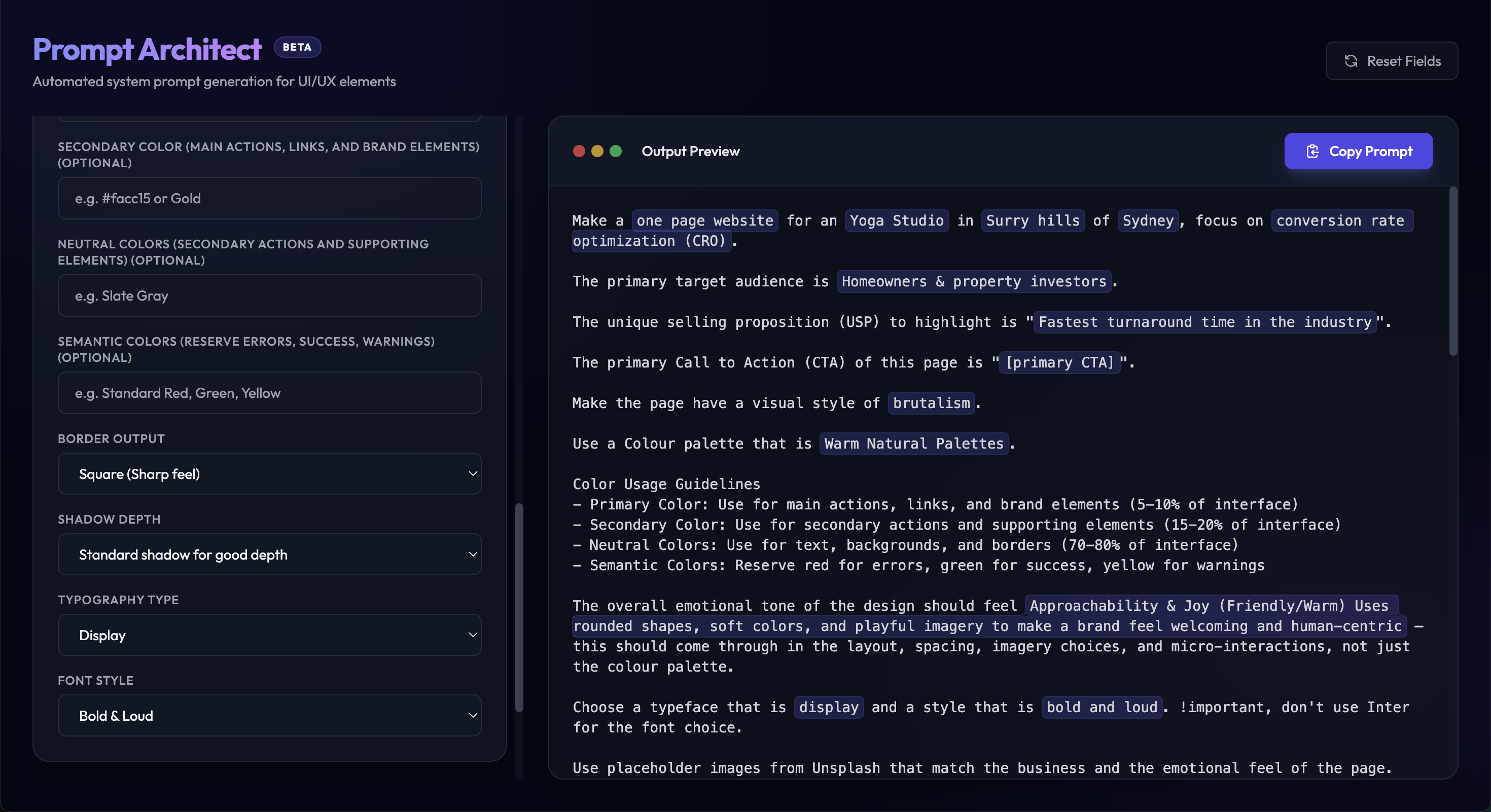 Design Prompt Builder — live prompt generation interface showing the two-panel layout with form inputs on the left and real-time prompt output on the right