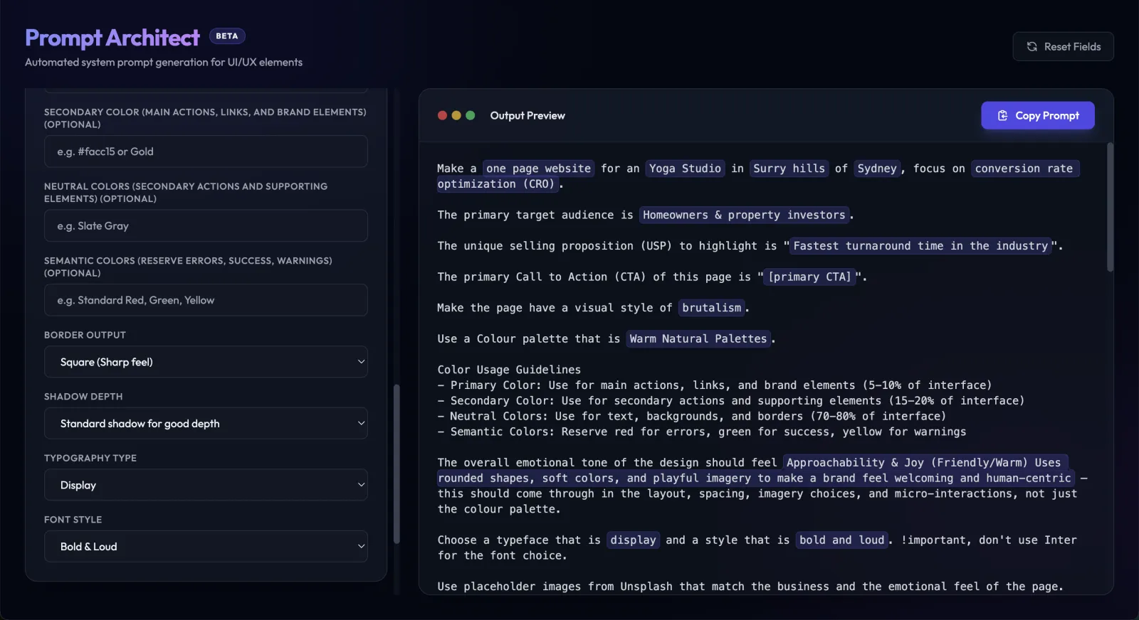 Design Prompt Builder — live prompt generation interface showing the two-panel layout with form inputs on the left and real-time prompt output on the right