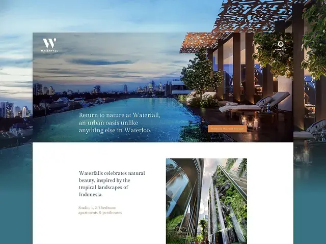 Waterfall — premium apartment development landing page with lifestyle hero photography and editorial typography