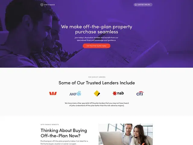 OTP Finance — off-the-plan property finance lead generation page with purple hero and trusted lender logos