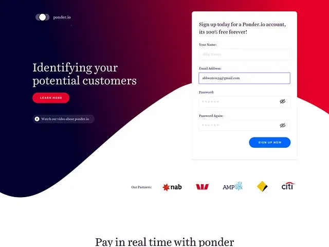 Ponder.io — SaaS lead generation page with dark gradient hero and inline sign-up form