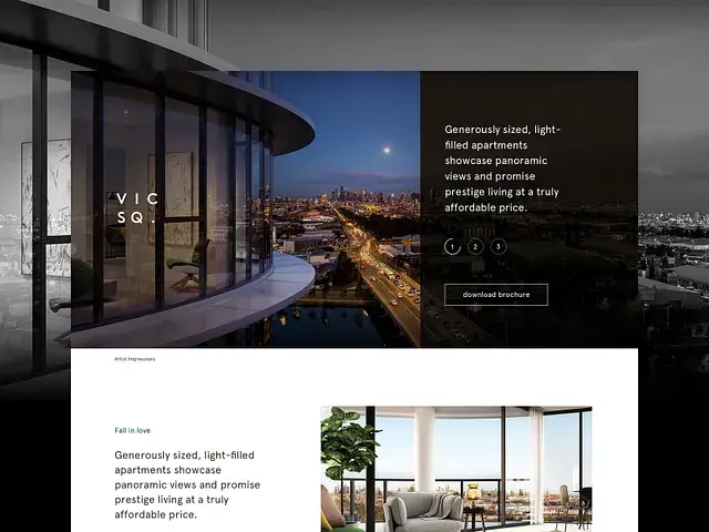 Vic Square — luxury apartment development landing page with dark premium aesthetic and city skyline photography
