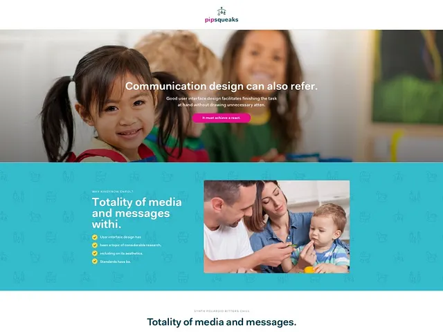 Pipsqueaks — education lead generation landing page with vibrant teal branding and lifestyle photography