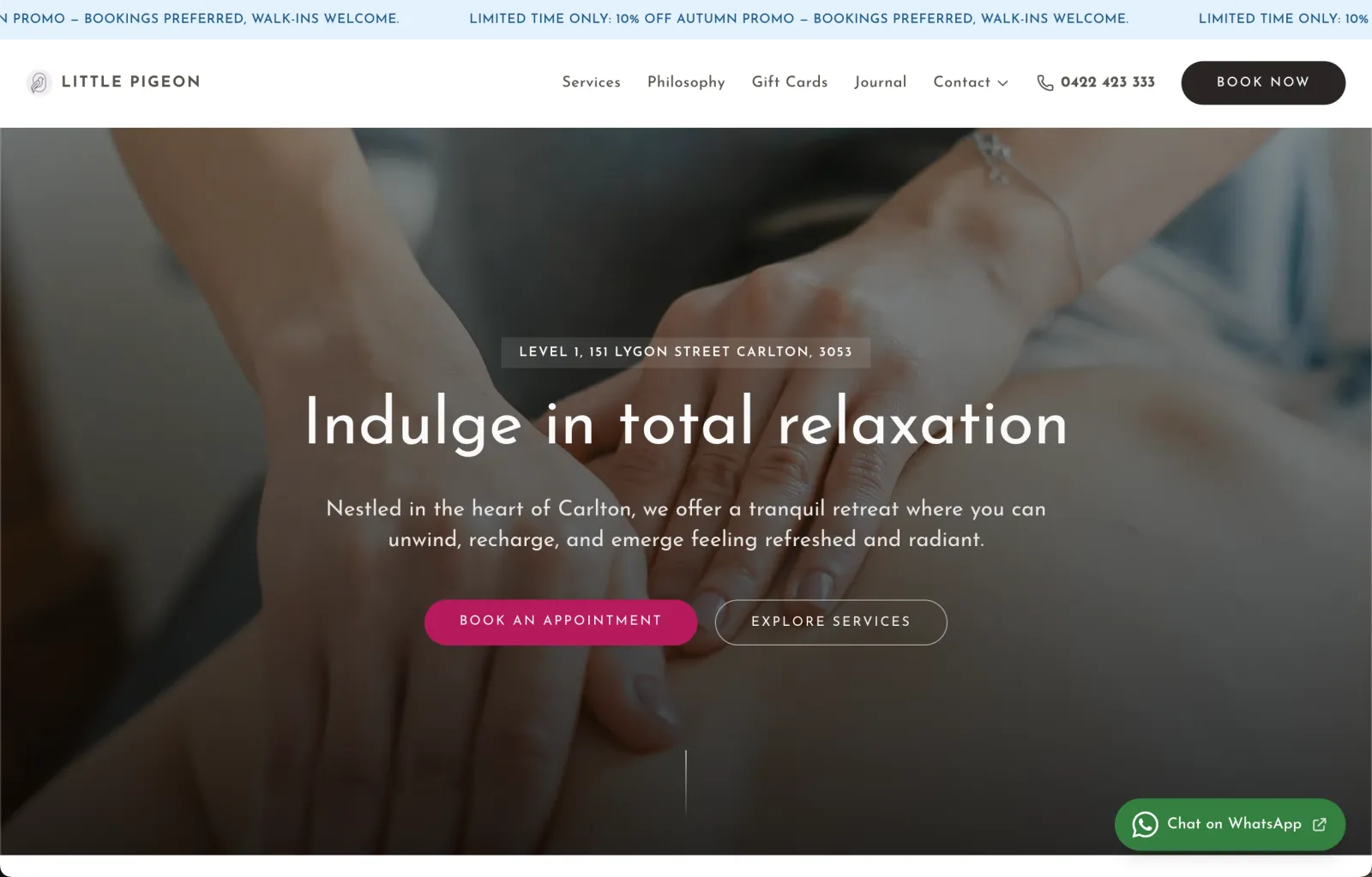 Little Pigeon Massage & Waxing — homepage showing the studio's hero, services and editorial imagery