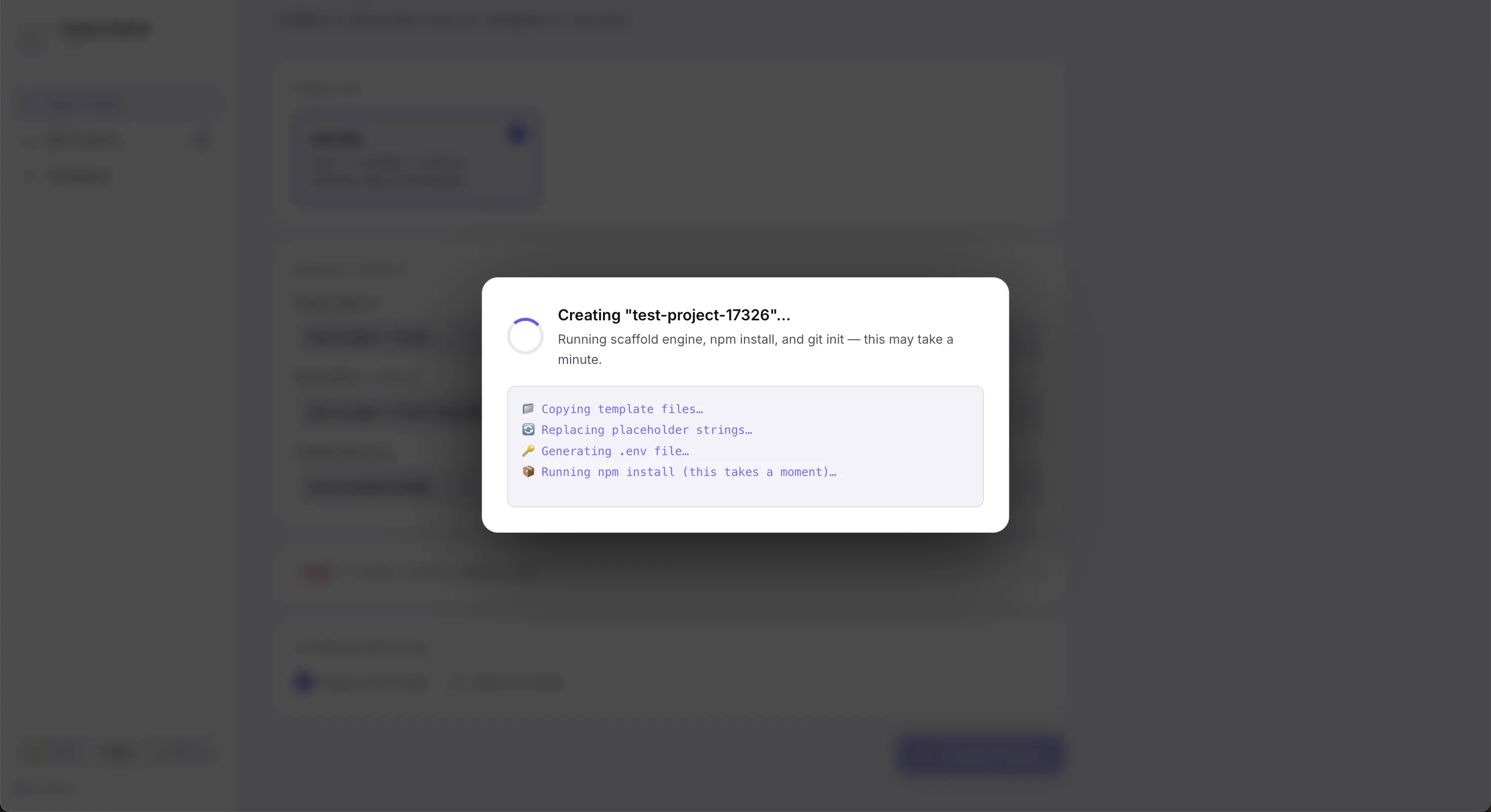 Project Starter scaffold engine in action — progress modal showing template copy, string replacement, .env generation, and npm install steps running live