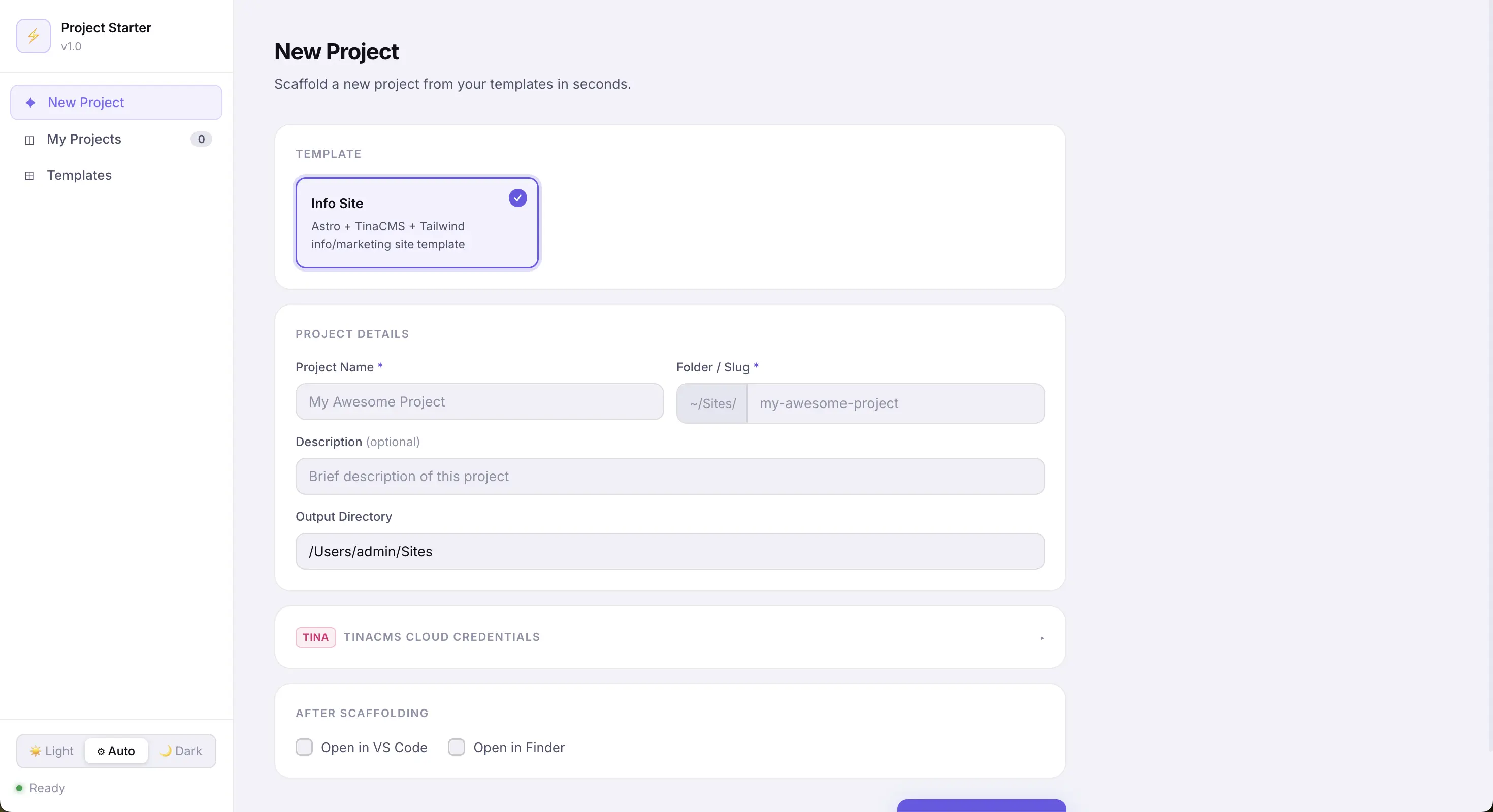 Project Starter dashboard — New Project form with template selection, project details, and TinaCMS credentials panel