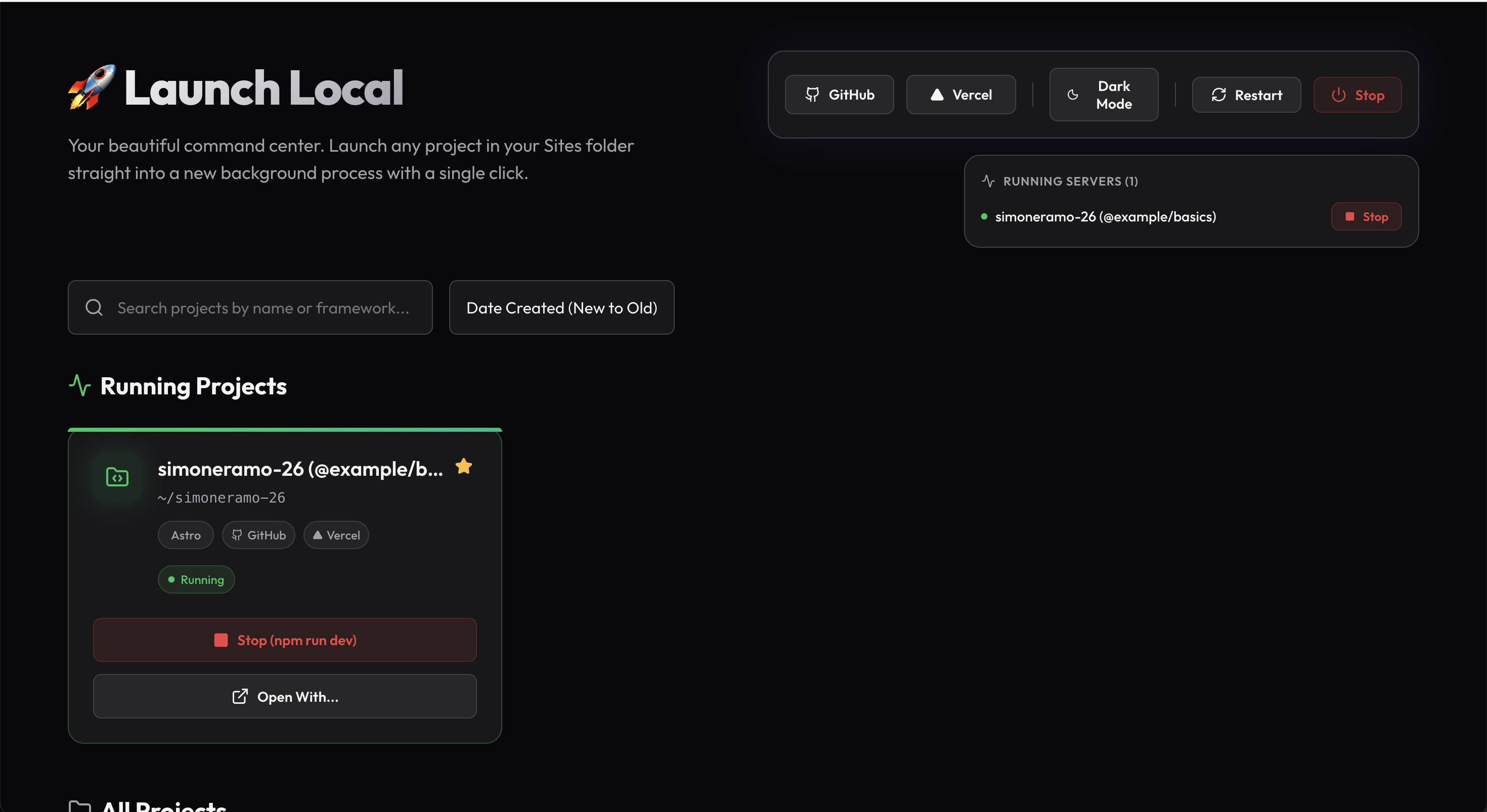Launch Local — running server panel in dark mode