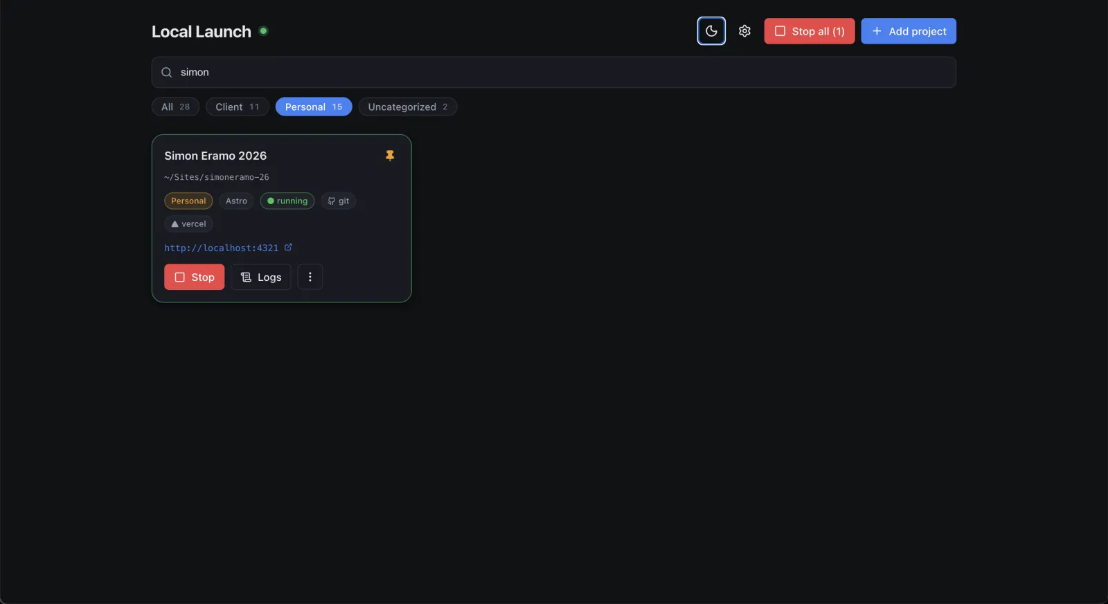 Local Launch — running server panel in dark mode