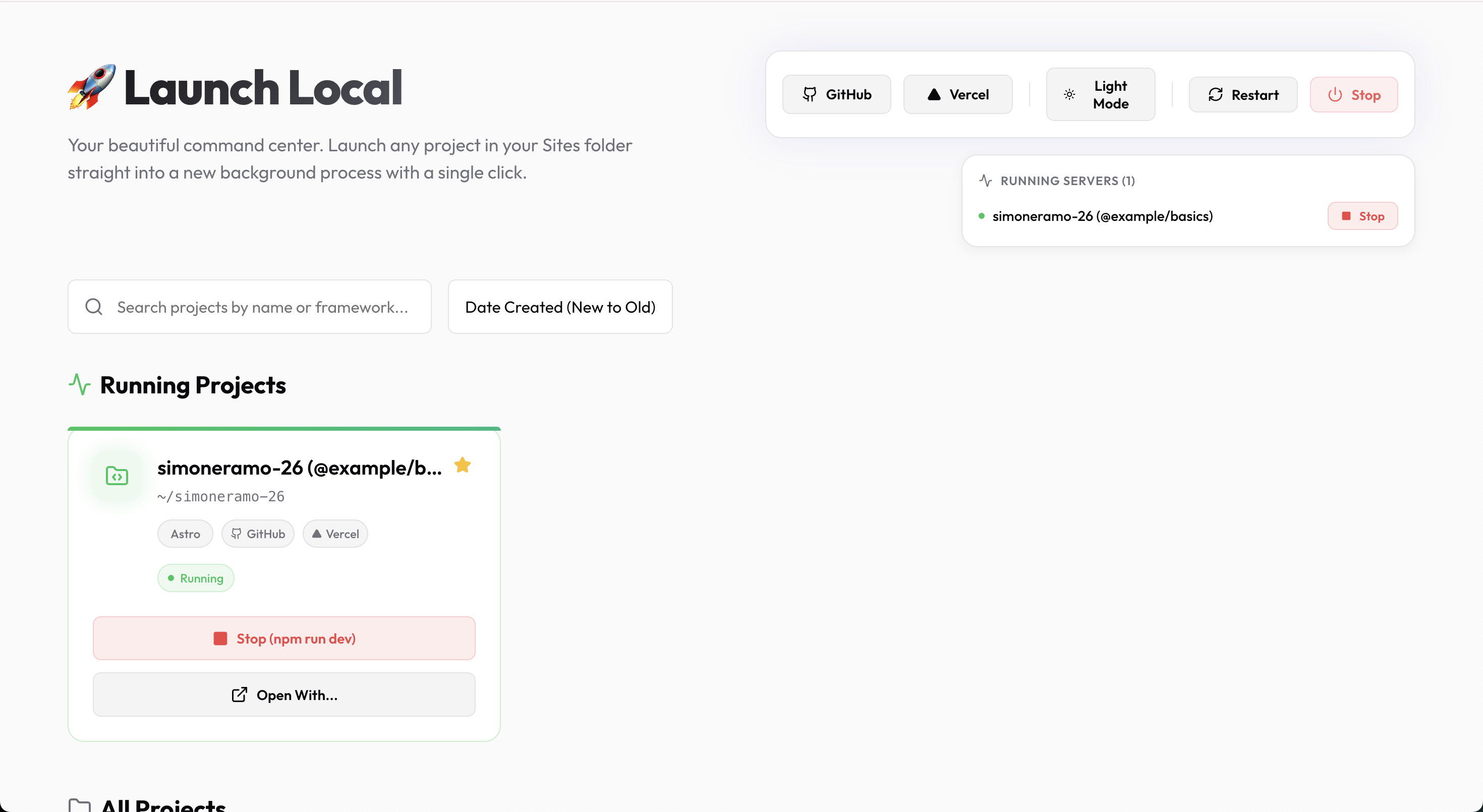 Launch Local — running server panel in light mode