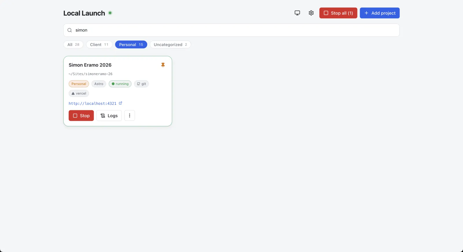 Local Launch — running server panel in light mode