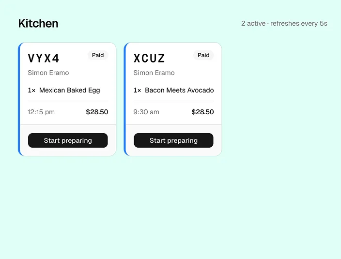 6Nutrition kitchen dashboard — two paid order tickets (VYX4 and XCUZ) with item, pickup time and price, each showing a 'Start preparing' button
