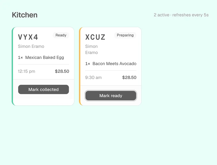 6Nutrition kitchen dashboard after staff action — ticket VYX4 marked 'Ready' with a 'Mark collected' button, while XCUZ is 'Preparing' with a 'Mark ready' button