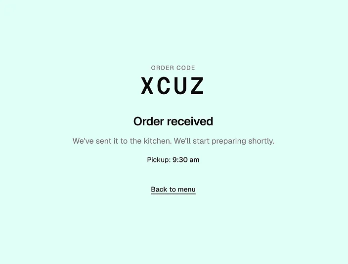 6Nutrition customer confirmation screen — large 'XCUZ' order code, an 'Order received' heading, the pickup time, and a 'Back to menu' link on the pastel mint background
