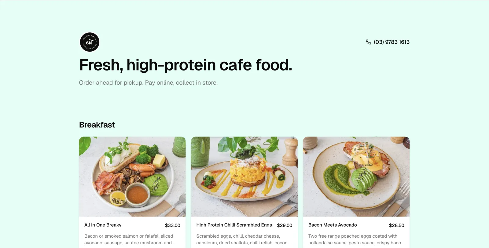 6Nutrition ordering home screen — pastel mint background with brand mark, phone number, and a grid of breakfast items with high-quality food photography