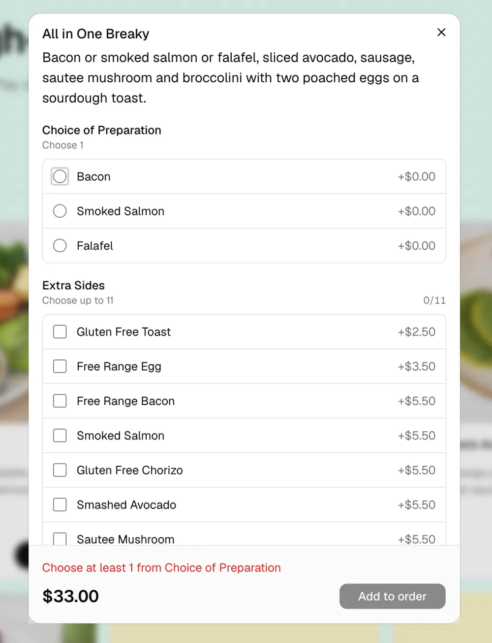 6Nutrition customise-item modal — required 'Choice of Preparation' radio group above an 'Extra Sides' multi-select list, with live price, validation message, and Add to Order CTA pinned to the bottom